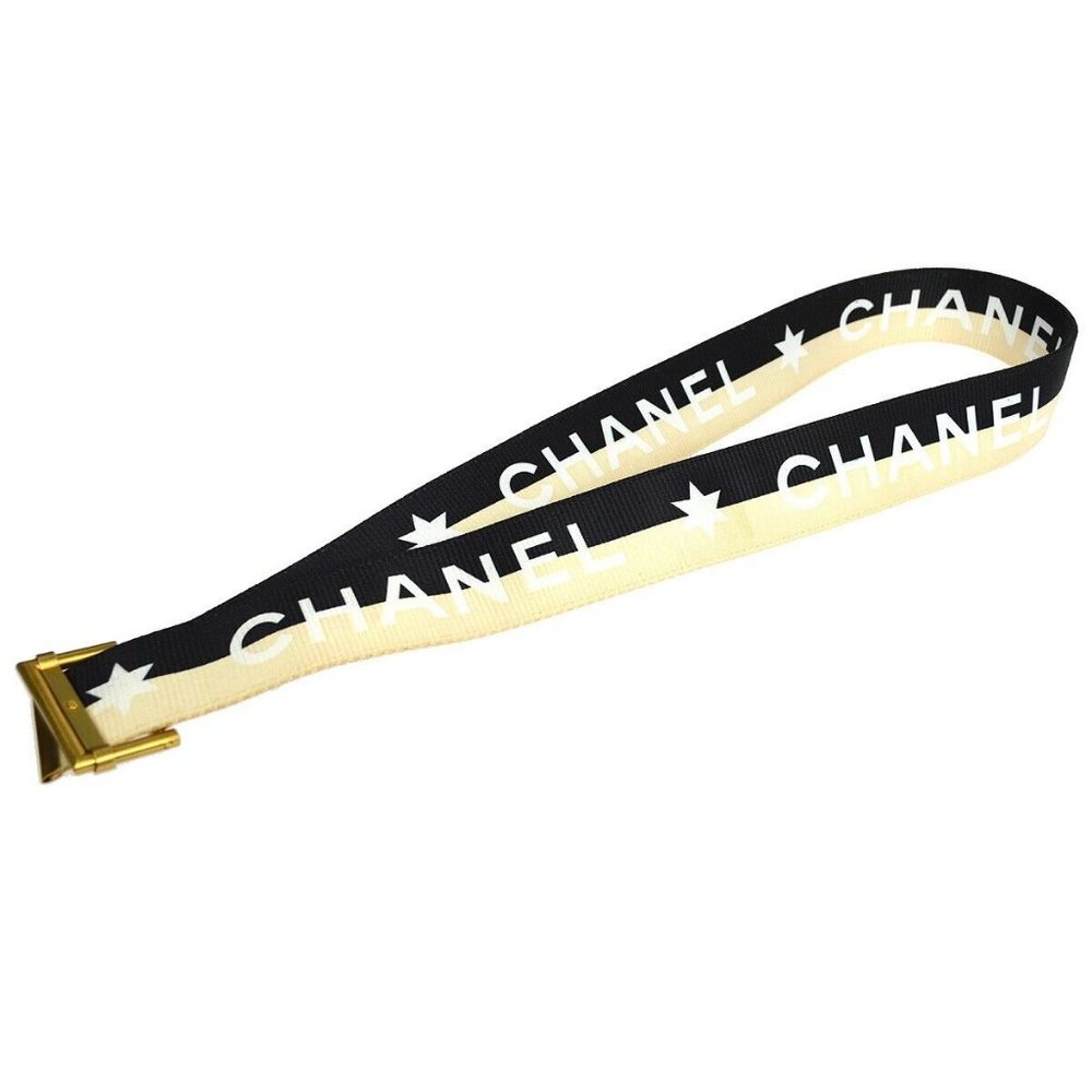Authenticity Guarantee CHANEL CC Logos Buckle Belt Black Ivory Nylon 01S Authent - Picture 4 of 8